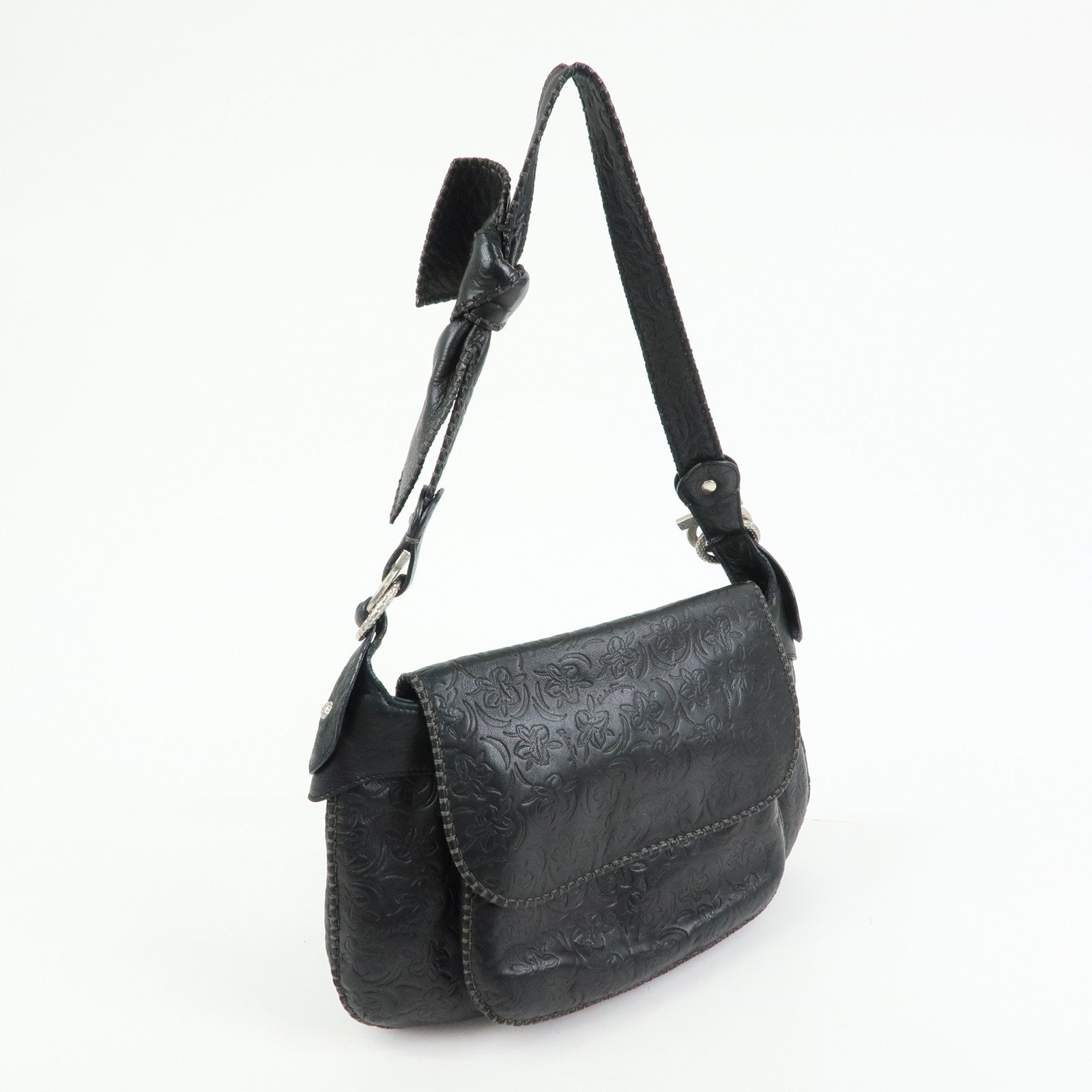Ferragamo Gancini Embossed Flower Leather Shoulder Bag Black