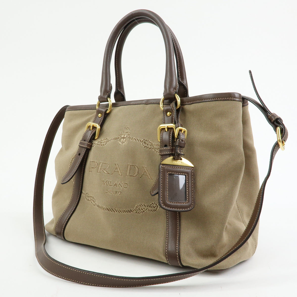 PRADA Triangle Logo Jacquard Canvas Leather 2Way Bag Hand Bag BN2832