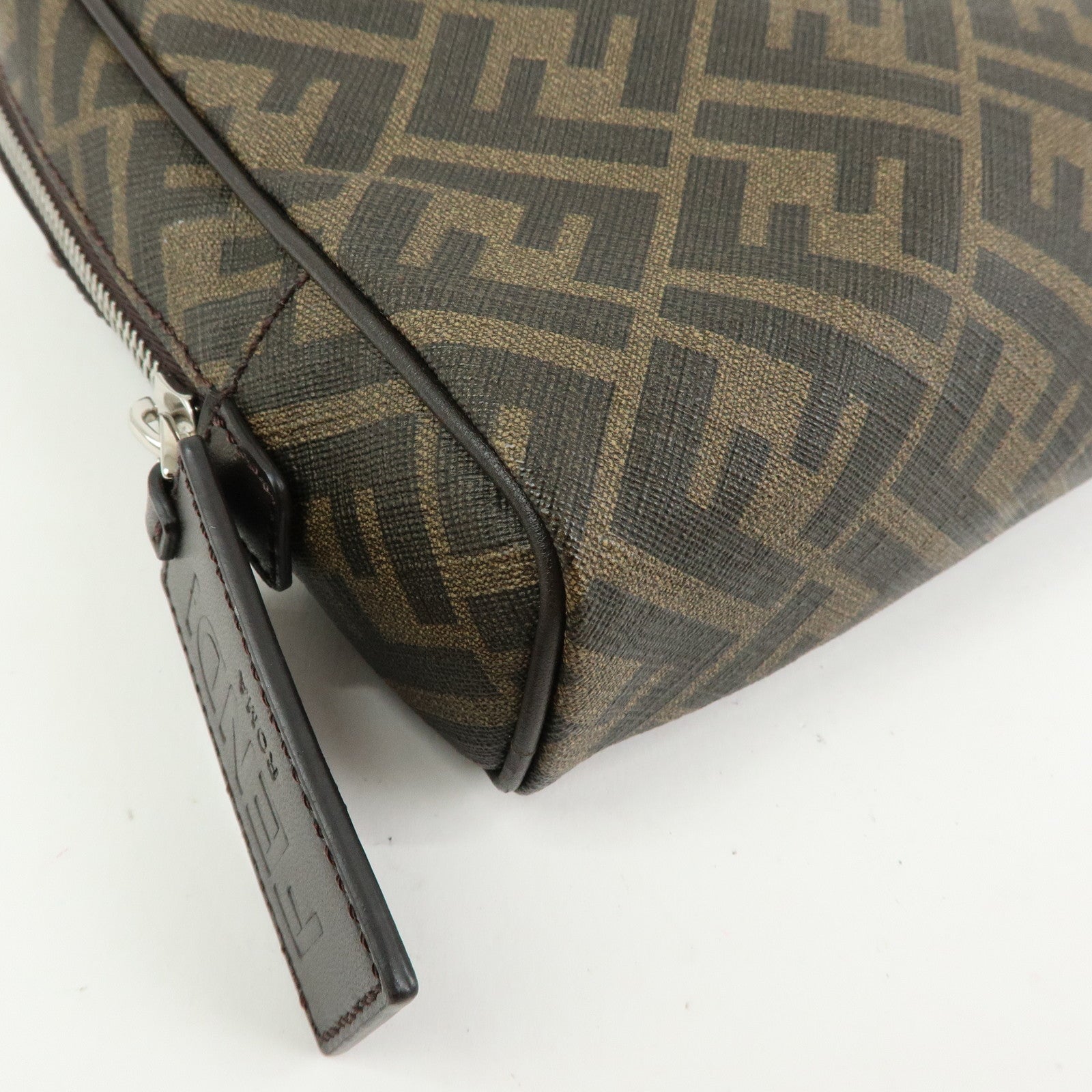 FENDI ZUCCA PVC Leather Clutch Bag Pouch Brown Black 7N0116
