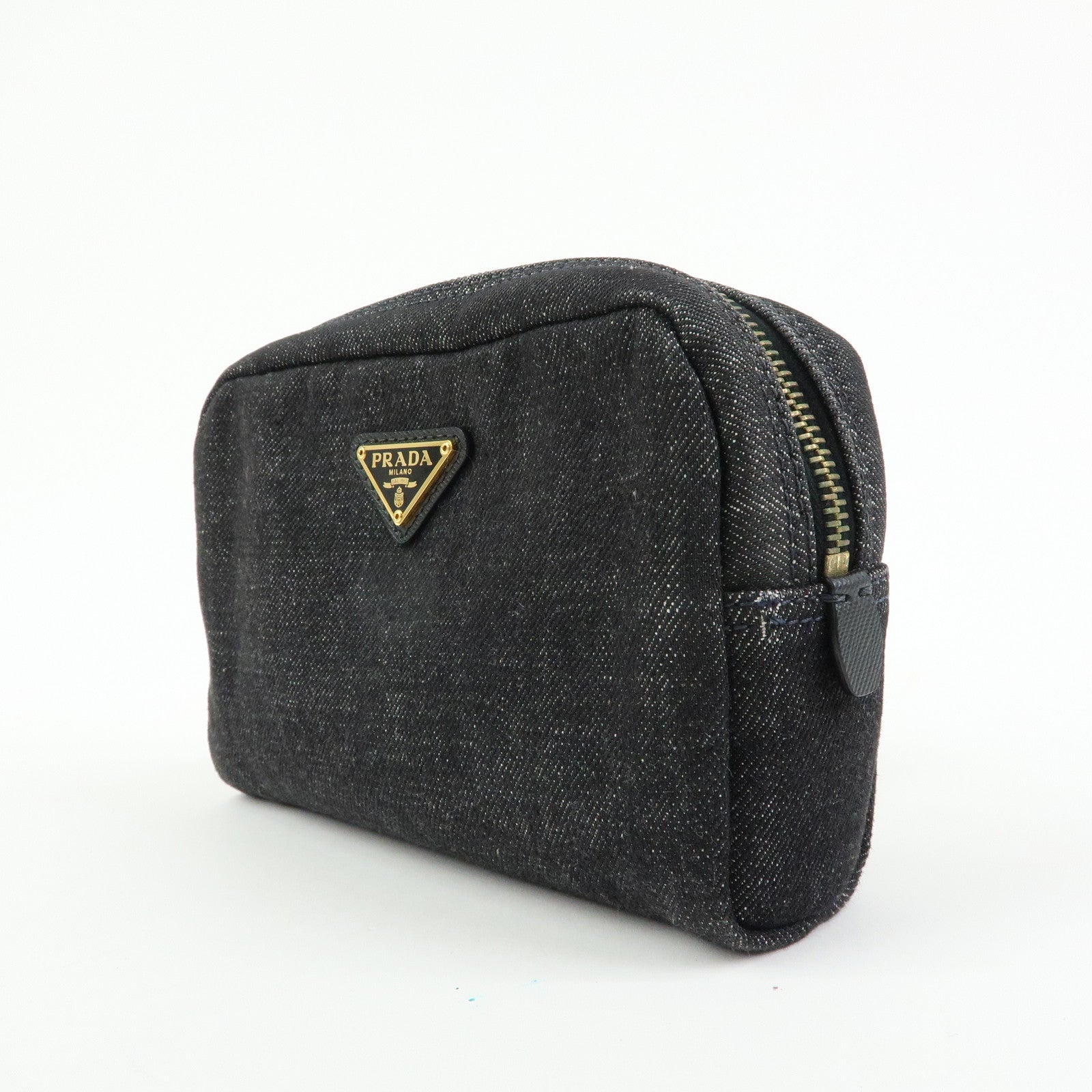 PRADA Triangle Logo Denim Cosmetic Pouch Black Gold