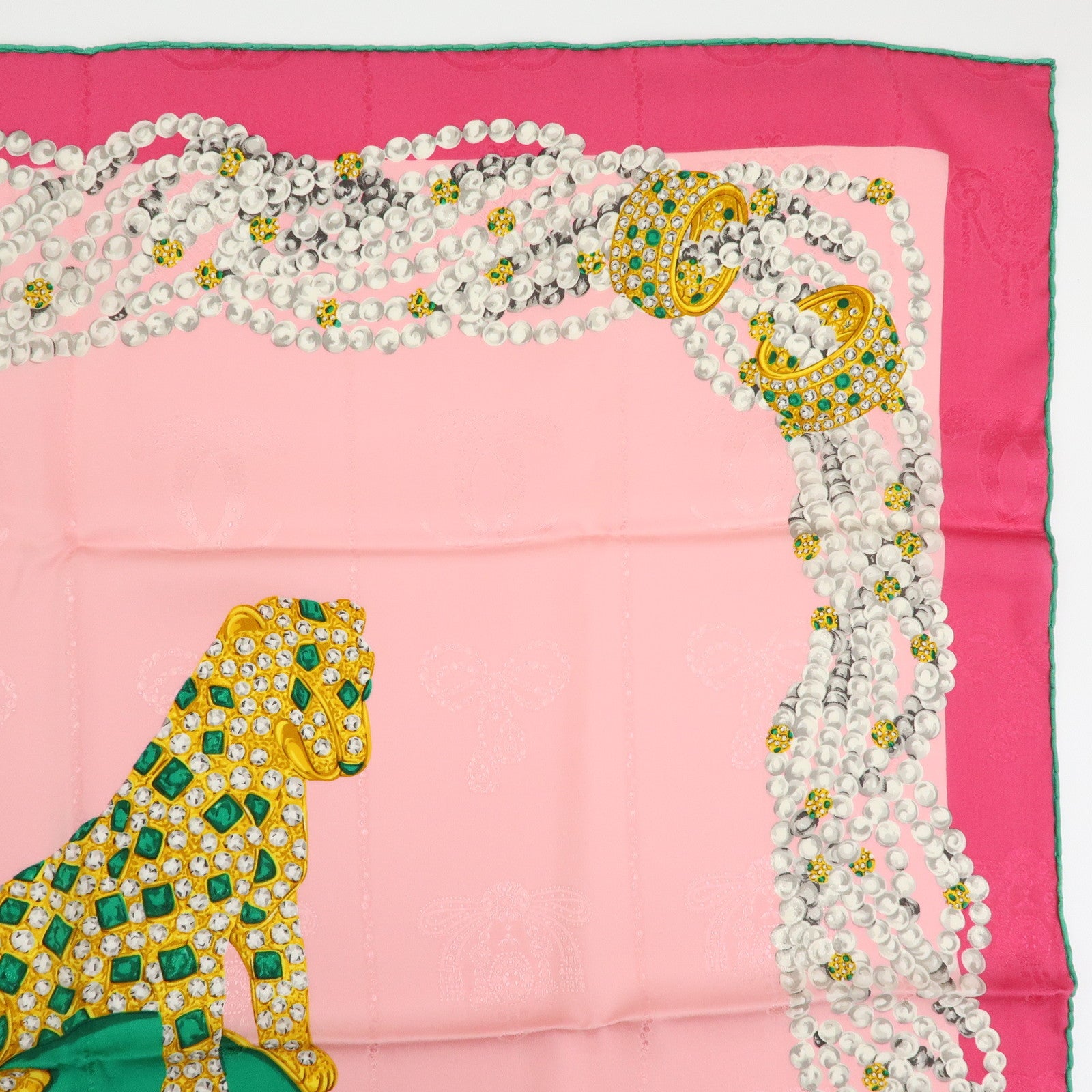 Cartier Silk 100% Scarf Jeweled Panther Motif Pink Green