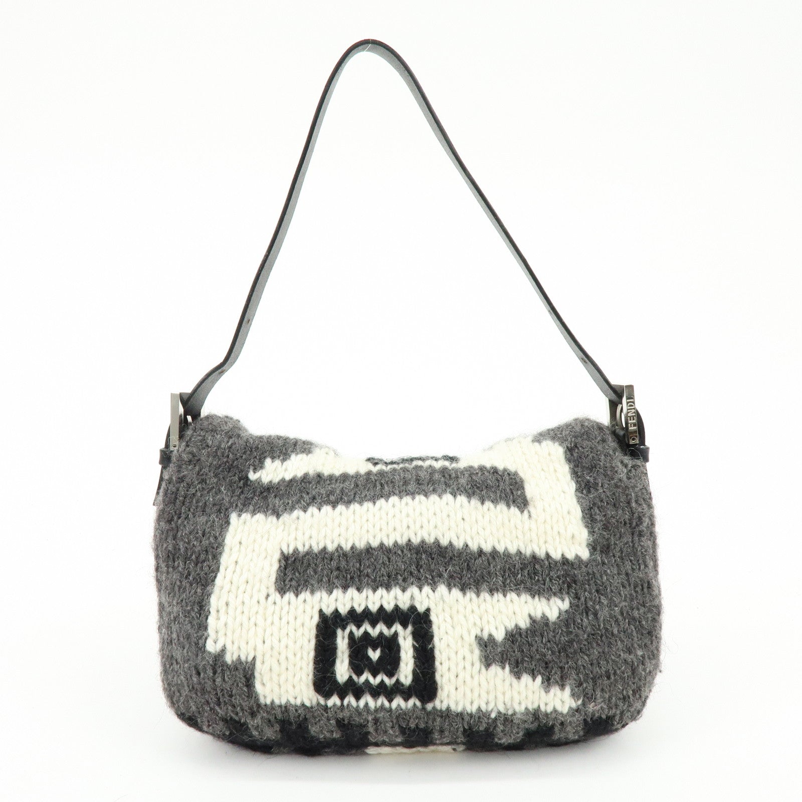 FENDI Mamma Baquette Wool Leather Shoulder Bag Black Grey White 16059