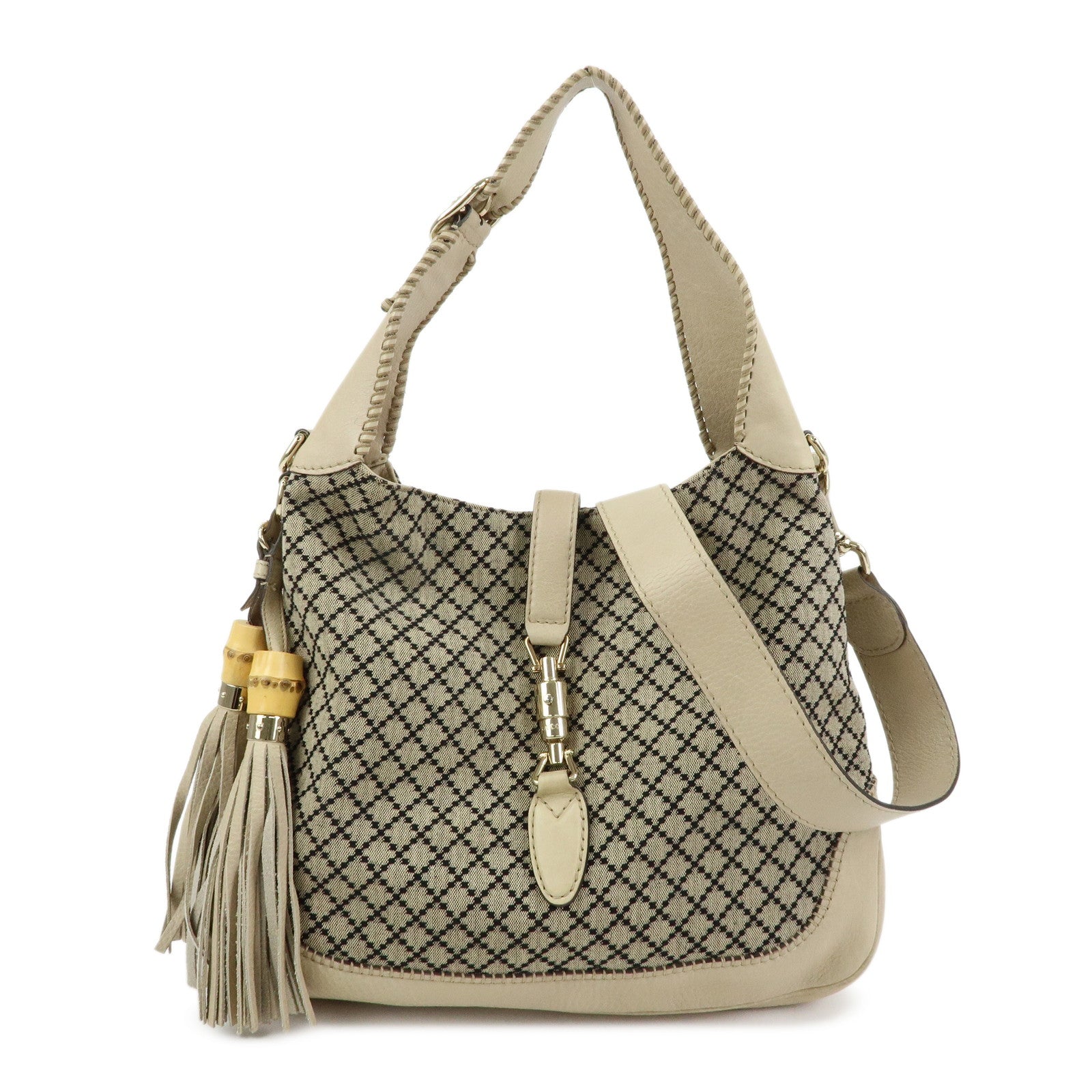 GUCCI New Jackie Bamboo Diamante Canvas Leather 2Way Bag 246907