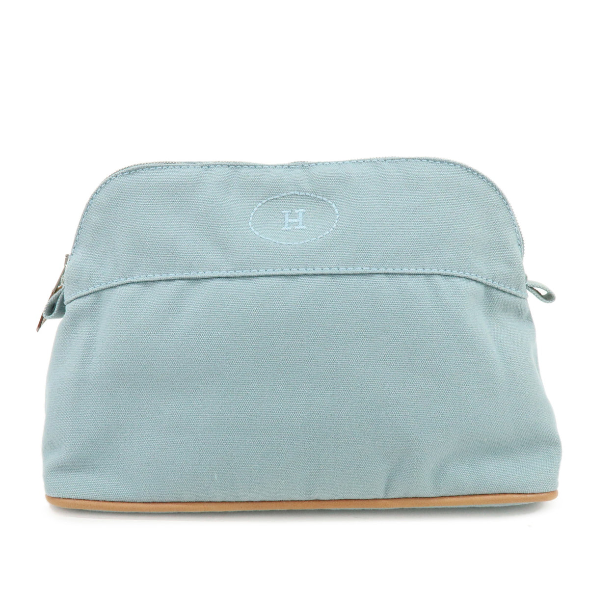 HERMES Bolide Pouch MM Cotton Leather Cosmetic Pouch Light Blue Brown