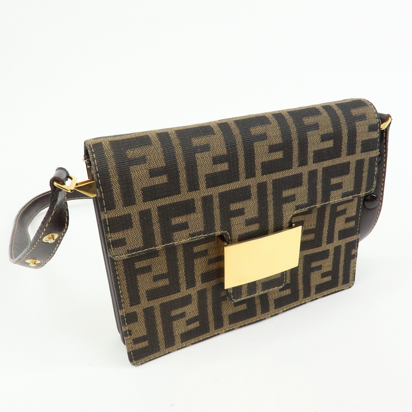 FENDI ZUCCA Jacquard Canvas Leather Shoulder Bag Brown Black