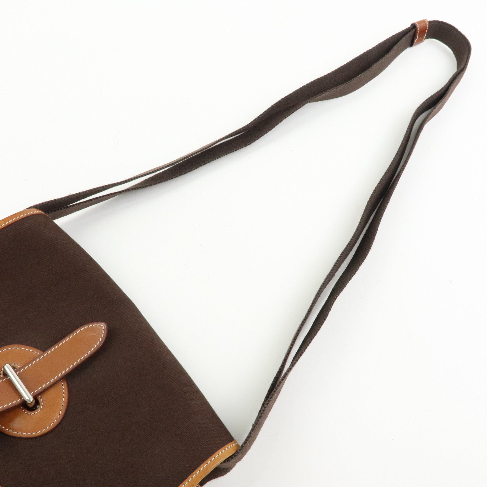 HERMES Buenaventura PM Toile Officier Leather Shoulder Bag Dark Brown