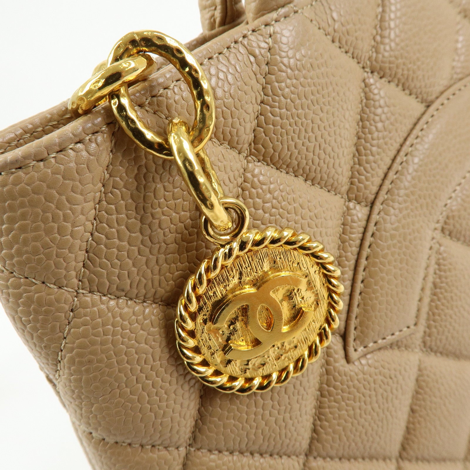 CHANEL Medallion Matelasse COCO Mark Caviarskin Tote Bag Beige A01804