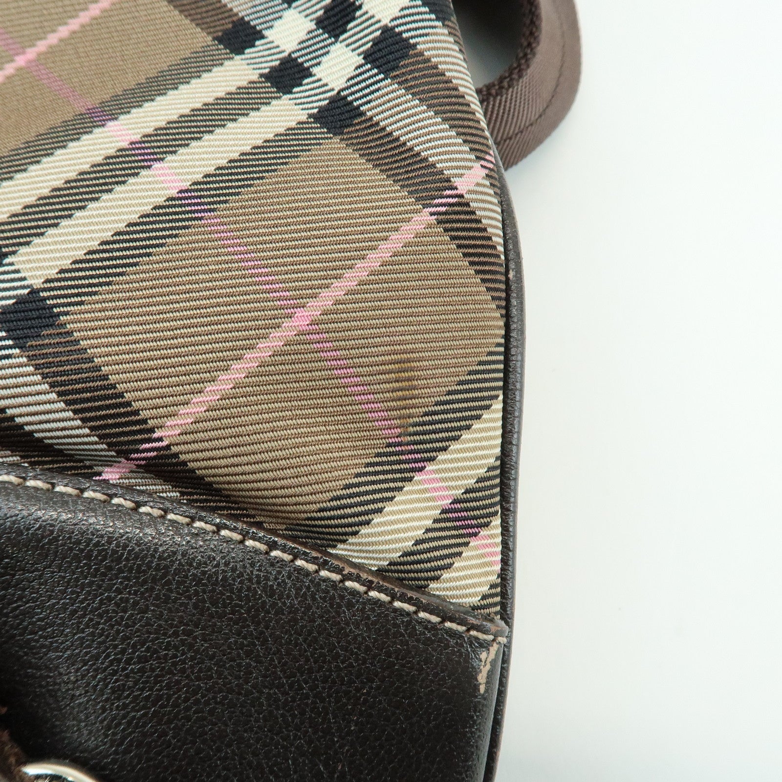 BURBERRY Nova Plaid Blue Label Canvas Leather Shoulder Bag Brown