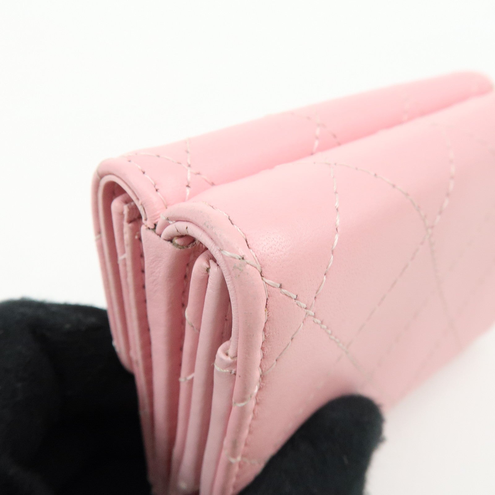 CHANEL COCO Mark Wild Stitch Calf Skin Tri-Fold Compact Wallet Pink