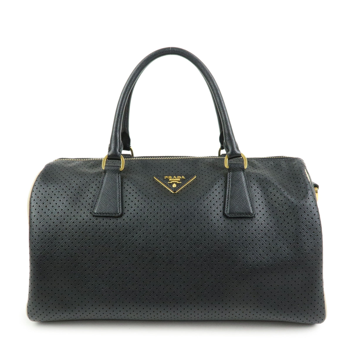 PRADA Triangle Logo Perforated Saffiano Leather 2Way Boston Bag Black