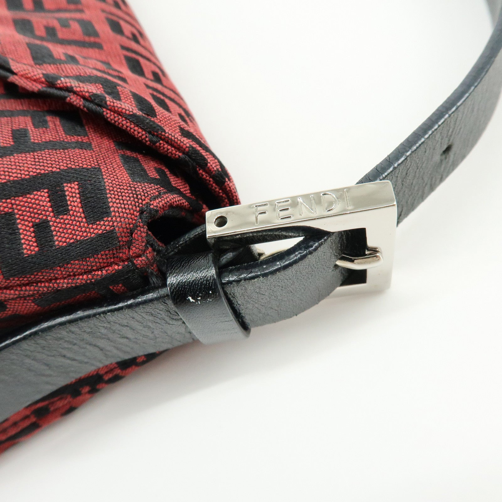 FENDI Mamma Baguette Zucchino Canvas Leather Shoulder Bag Red 8BR003