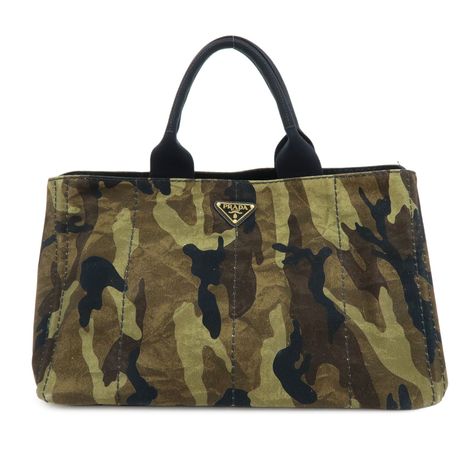 PRADA Canapa Triangle Logo Canvas Tote Bag Camouflage Khaki BN2020
