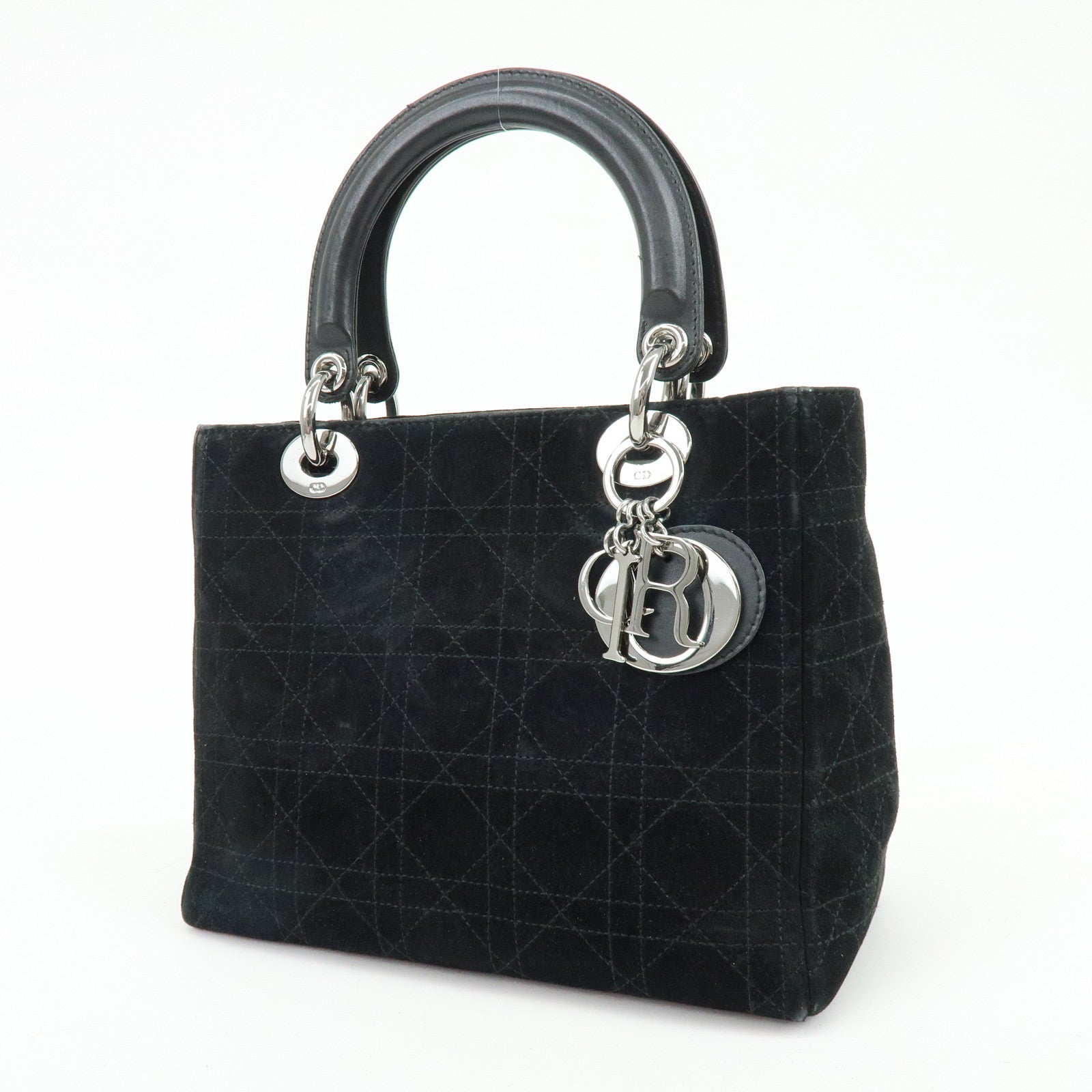 Christian Dior Cannage Lady Dior Suede Leather Hand Bag Black