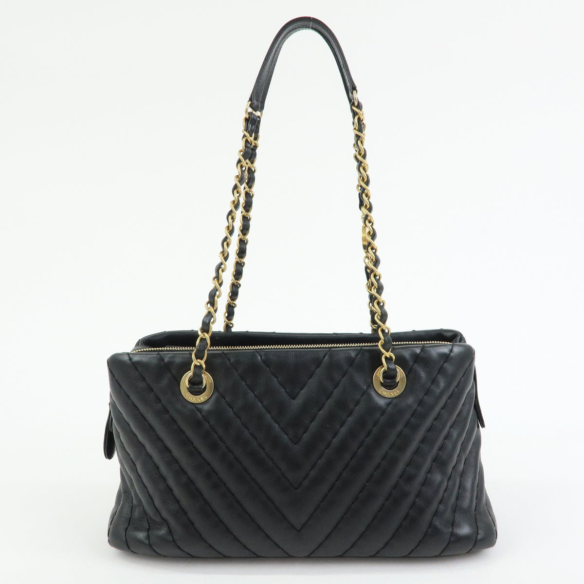 CHANEL Calf Skin V Stich Shevron Chain Shoulder Bag Tote Bag Black
