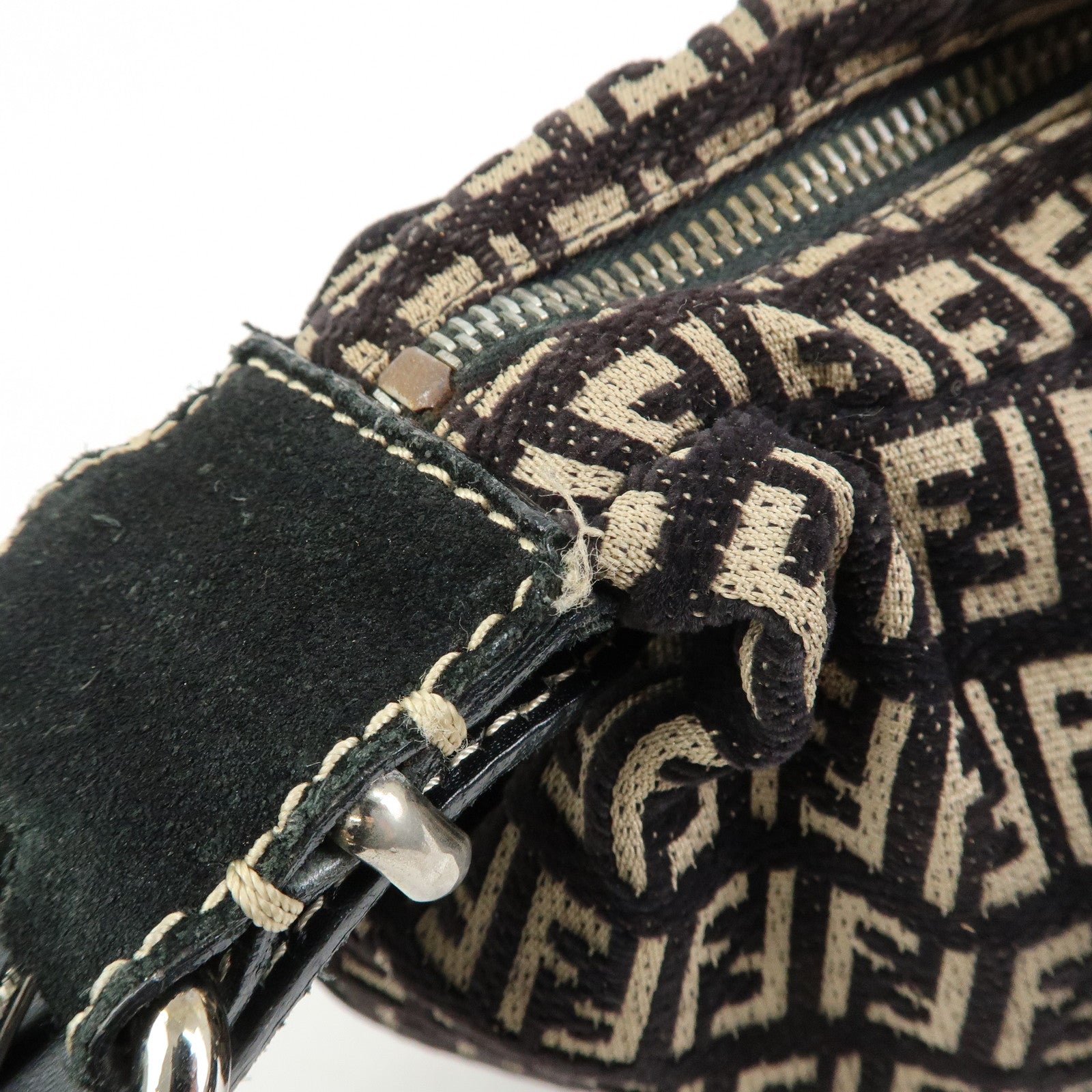 FENDI Zucchino Canvas Leather Shoulder Bag Hand Bag Black Beige