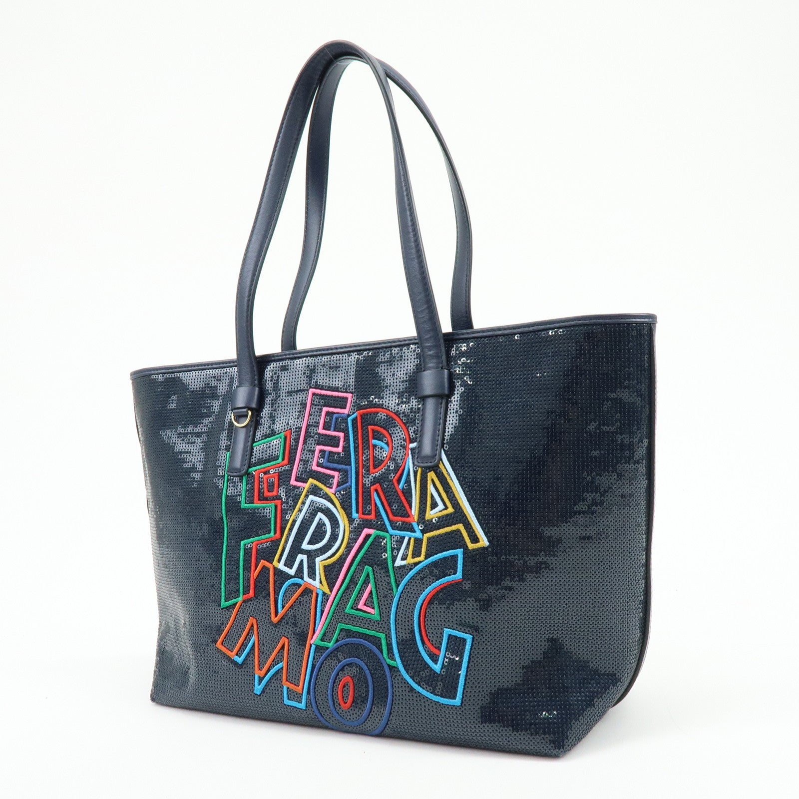 Ferragamo Gancini Sequin Leather Tote Bag Hand Bag Navy