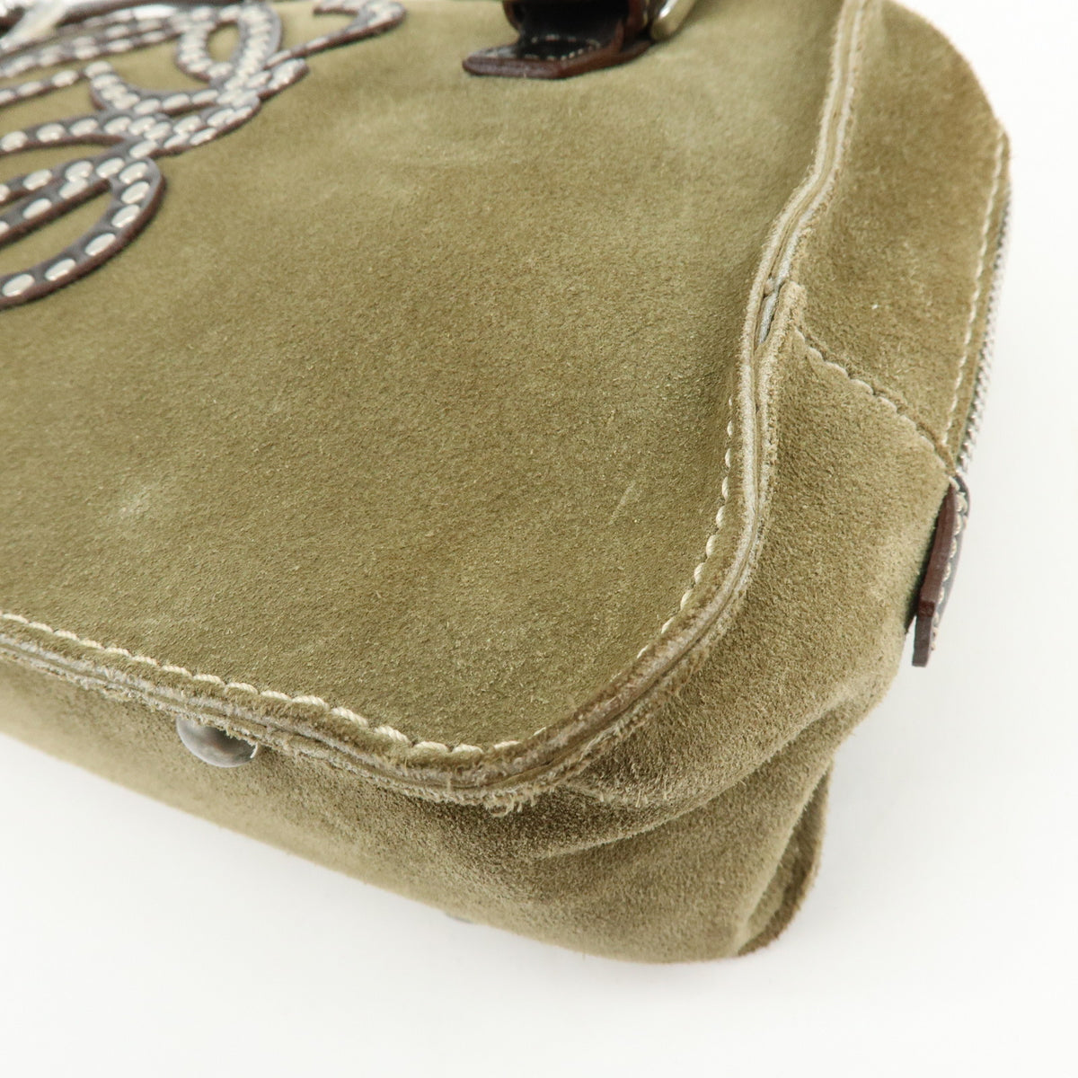 LOEWE Anagram Suede Leather Hand Bag Tote Bag Studs Khaki Brown