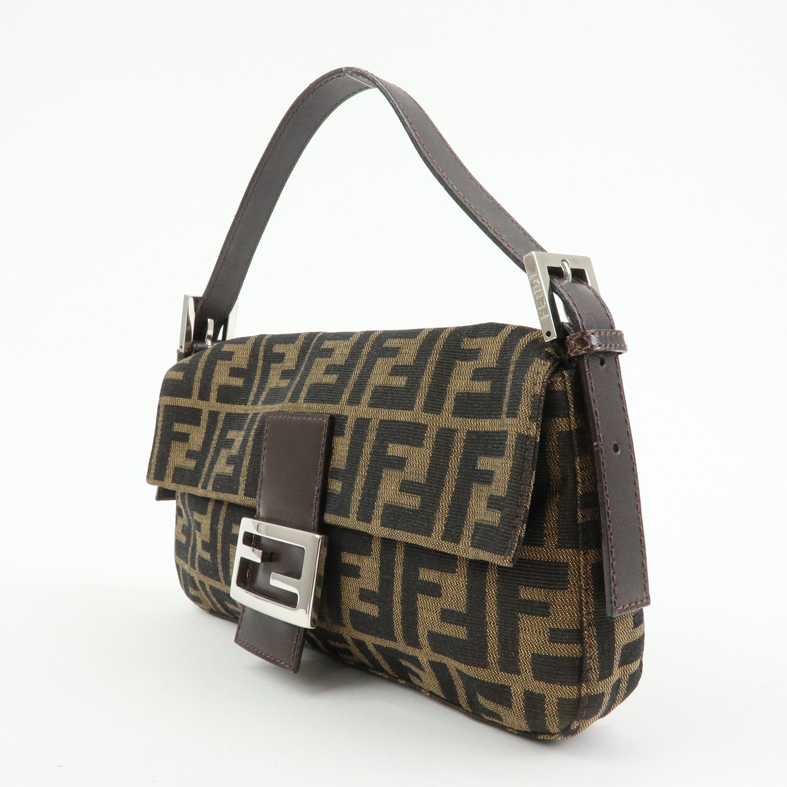 FENDI Mamma Baguette Zucca Canvas Leather Shoulder Bag Brown 26424
