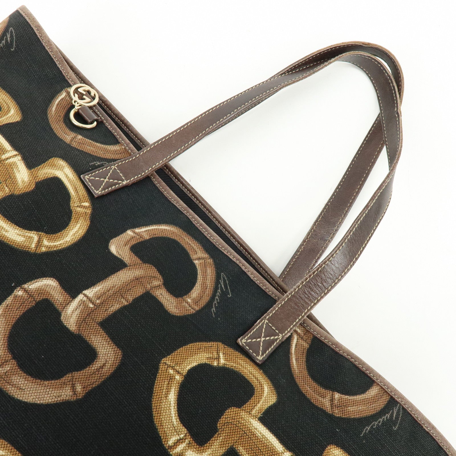 GUCCI Horsebit Interlocking G Canvas Leather Tote Bag Black 154402