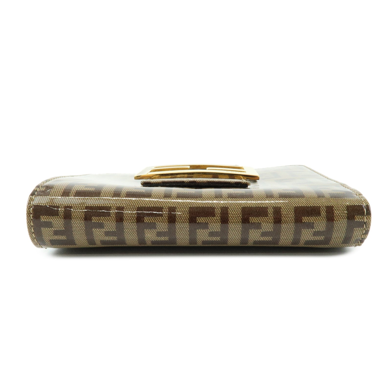 FENDI Zucchino Patent Leather Bi-fold Compact Wallet Beige Brown 16348