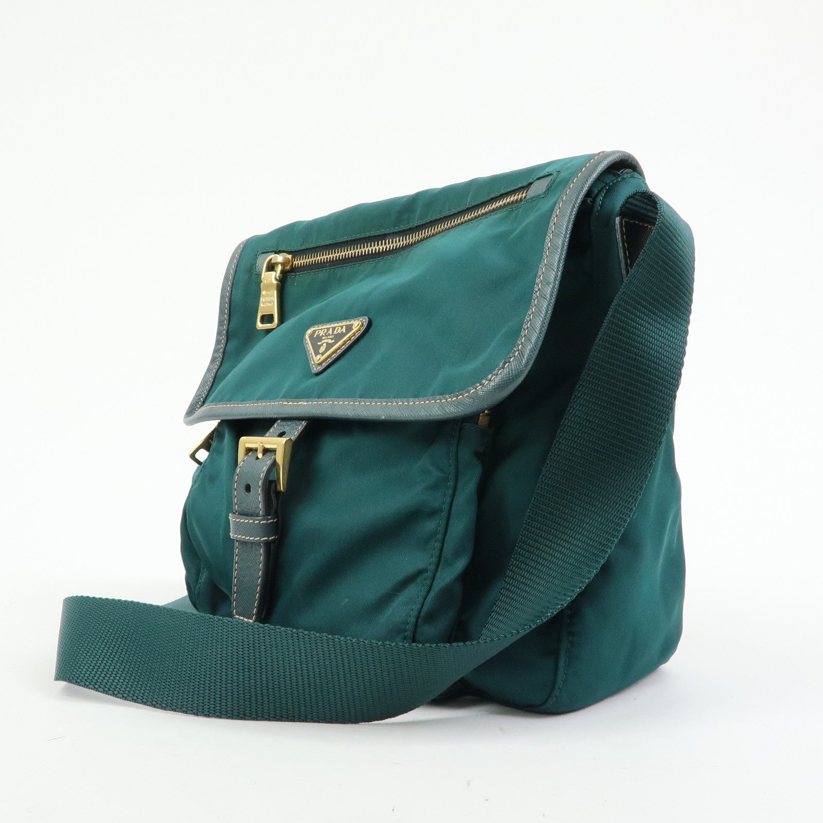 PRADA Triangle Logo Nylon Saffiano Leather Shoulder Bag Green