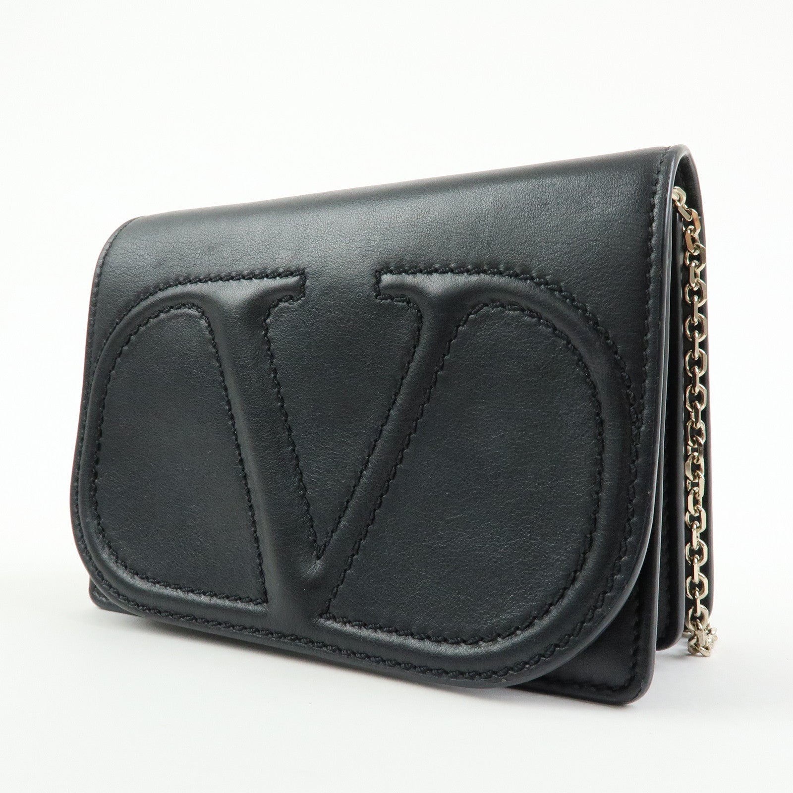 VALENTINO Garavani V Logo Walk Leather Chain Shoulder Hand Bag Black