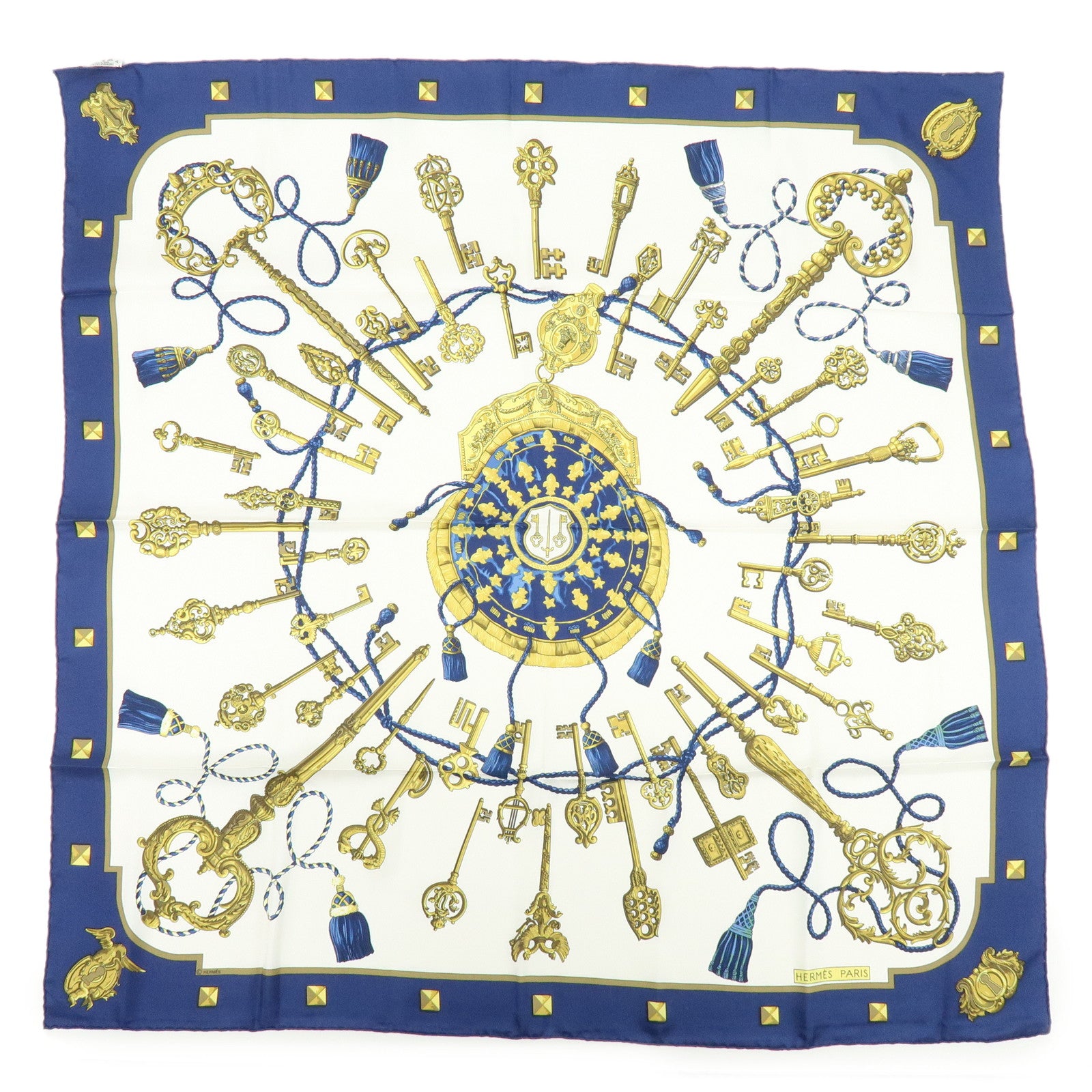 HERMES Carre 90 Silk 100% Scarf Les Cles Key Print Navy White Gold
