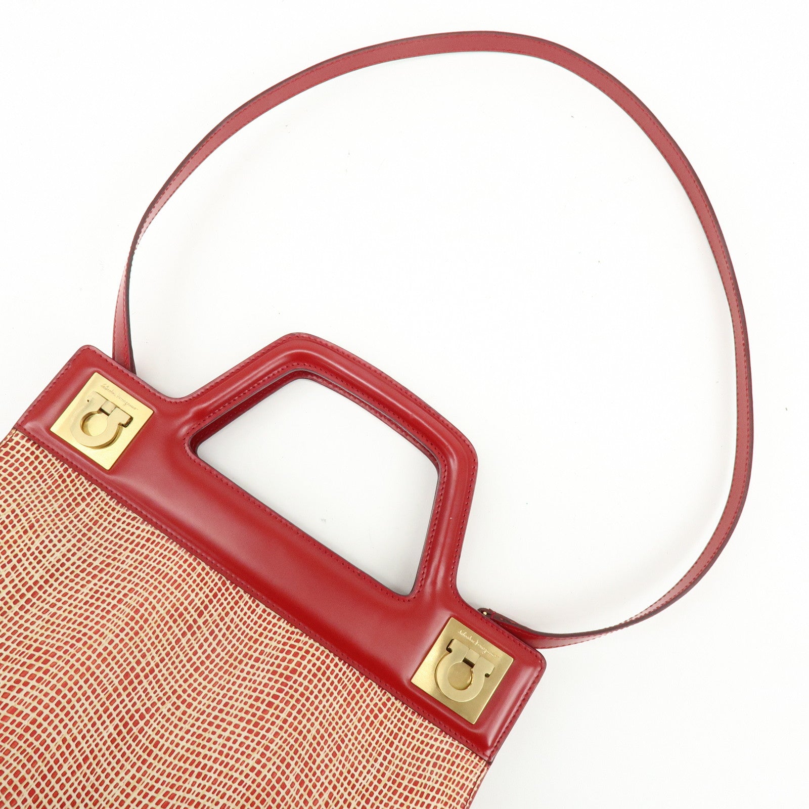 Ferragamo Gancini Leather 2Way Bag Hand Bag Shoulder Bag Red