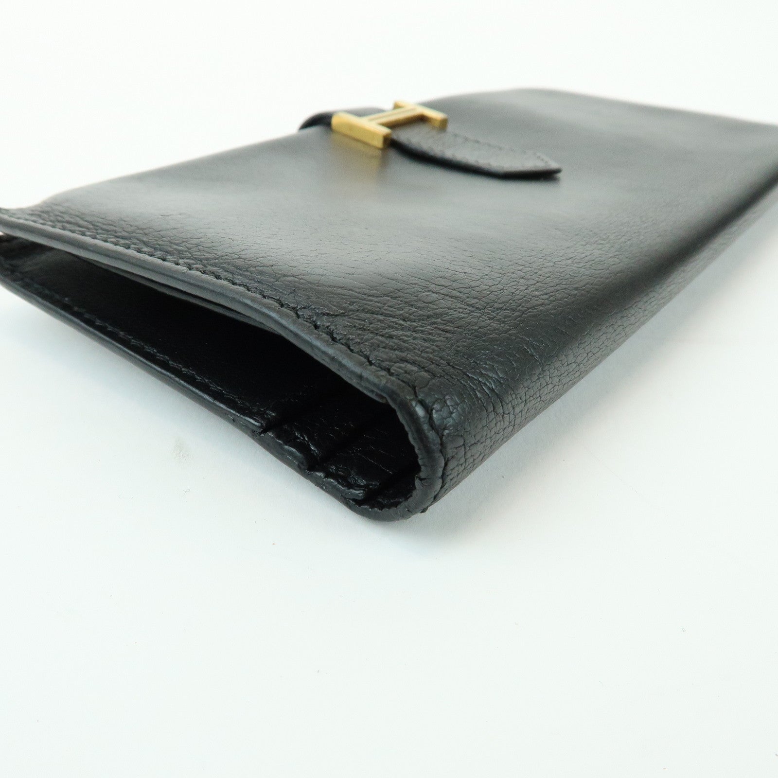 HERMES Bearn Calf Leather Bi-fold Long Wallet □I Stamped Black