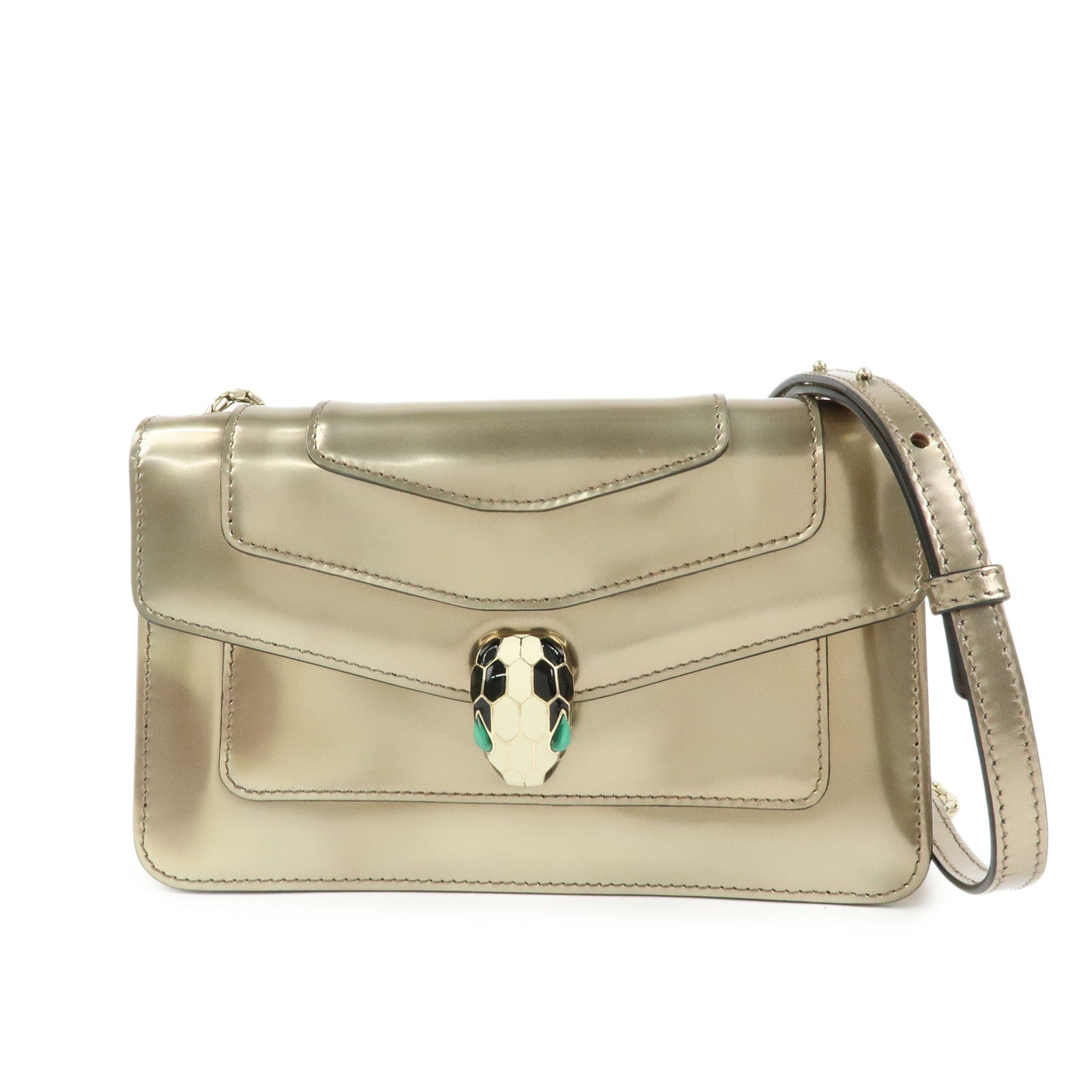 BVLGARI Serpenti Leather Forever Shoulder Crossbody Bag Gold Malachite