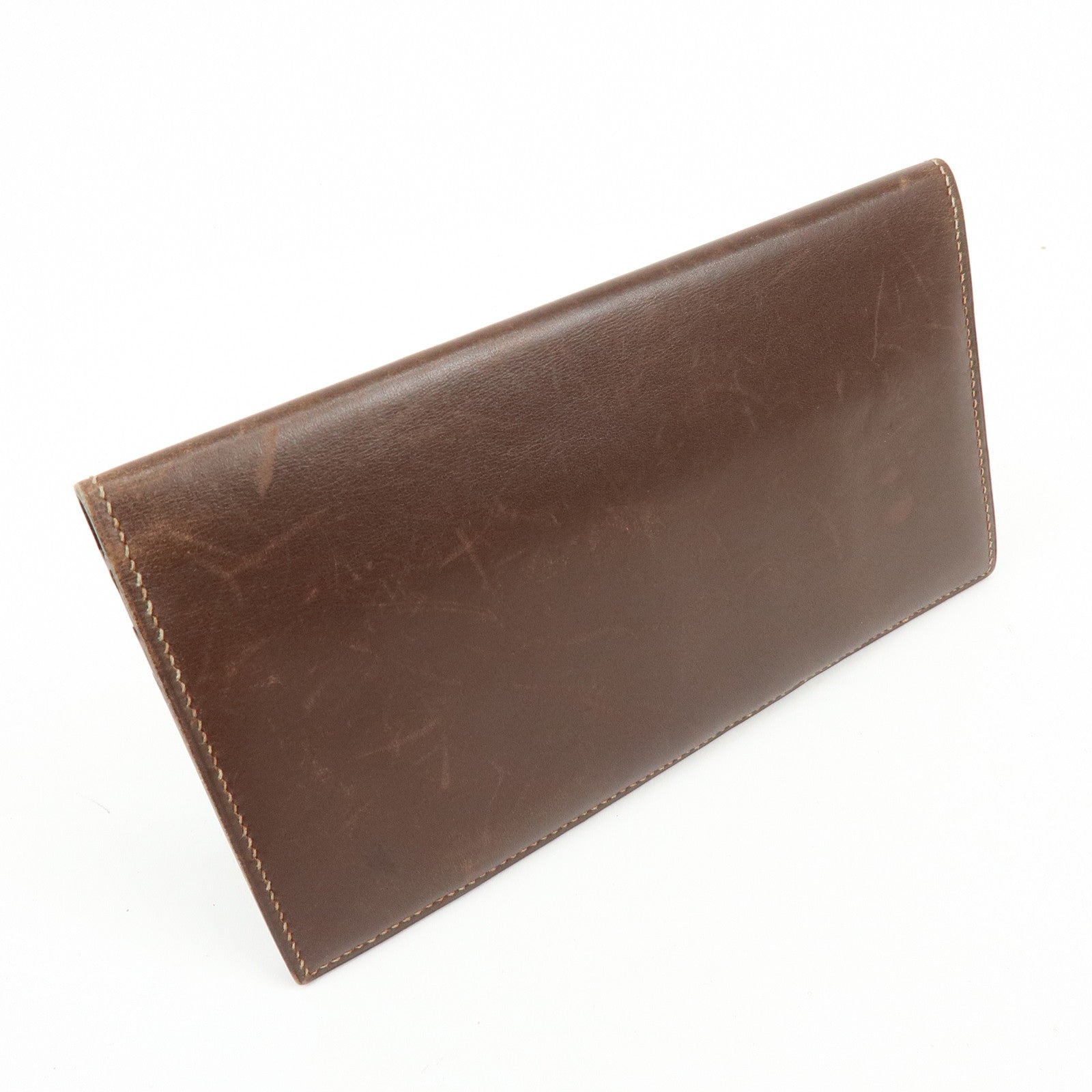HERMES Box Calf Leather Long Bi-fold Wallet ☐FStamped Brown