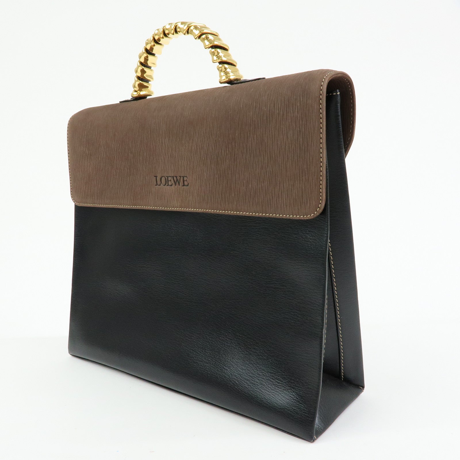 LOEWE Velazquez Leather Suede 2Way Bag Hand Bag Twist Handle Moca Black
