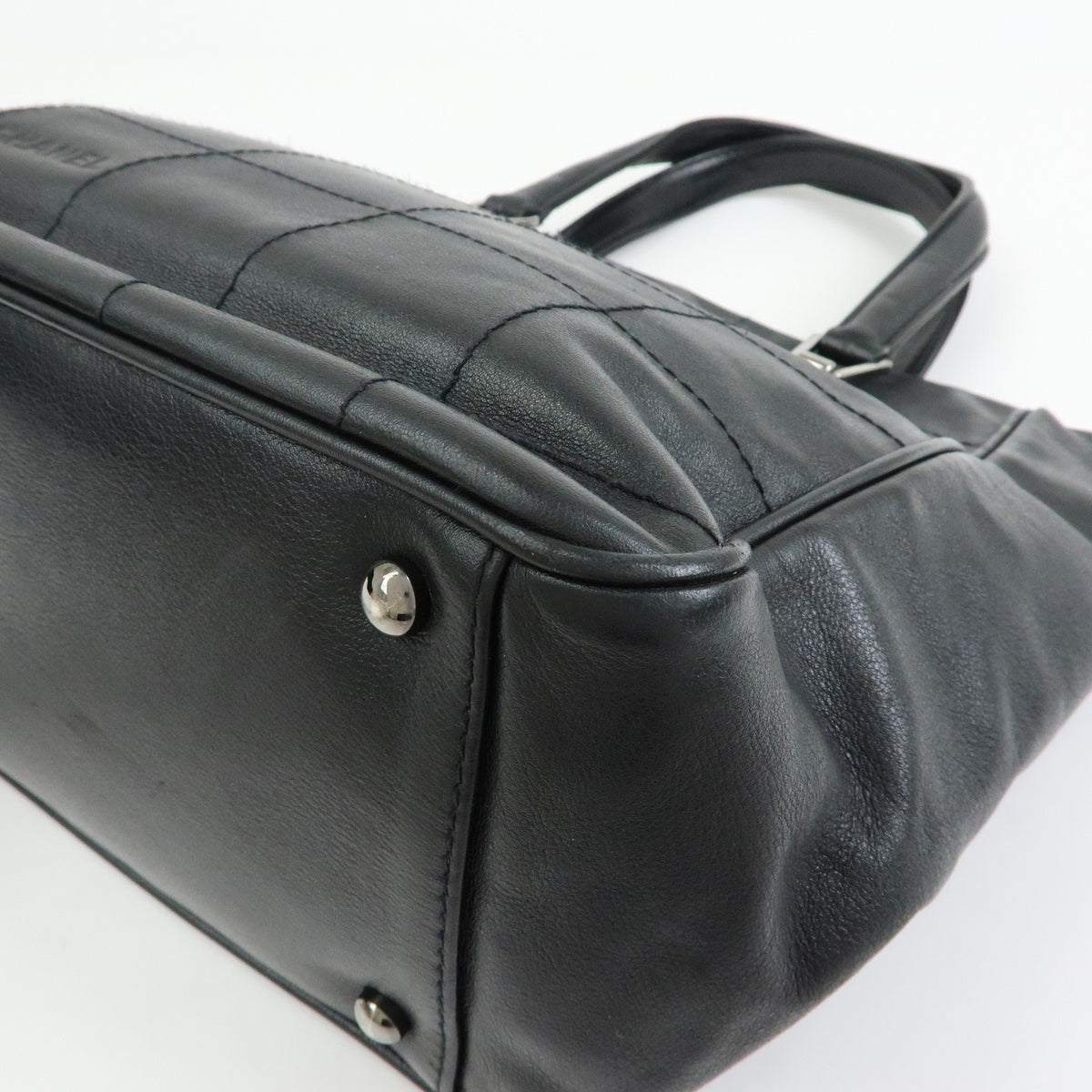 CHANEL Chocolate Bar COCO Mark Lamb Skin Hand Bag Tote Bag Black