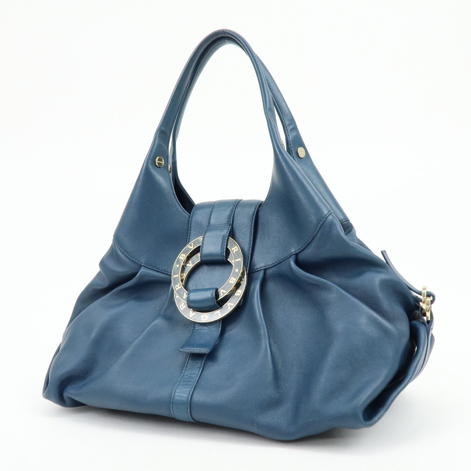 BVLGARI Chandra Leather Shoulder Bag Double Circle Ring Turquoise Blue