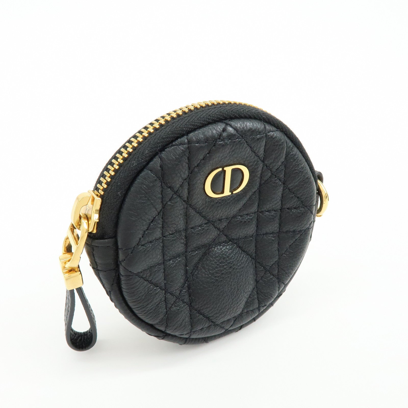 Christian Dior Caro Cannage Calf Skin Round Coin Case Bag Charm Black