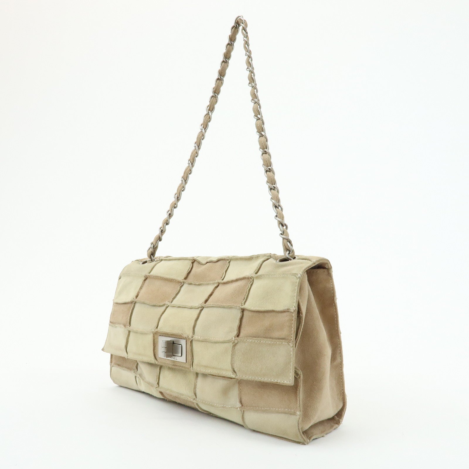 CHANEL 2.55 Suede Patchwork Chain Shoulder Bag Beige A14528