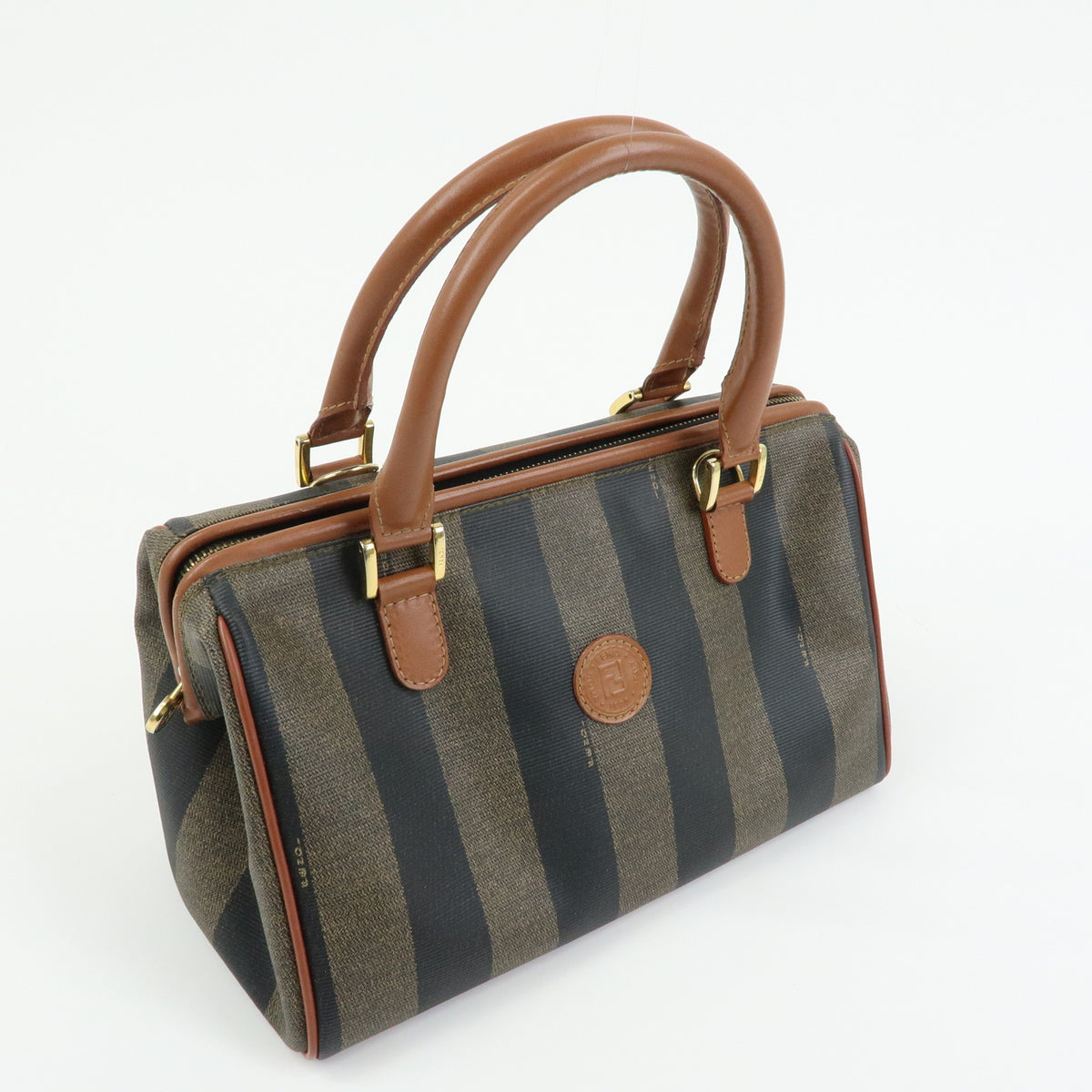 FENDI Pequin PVC Leather Boston Bag Hand Bag Brown Beige Black