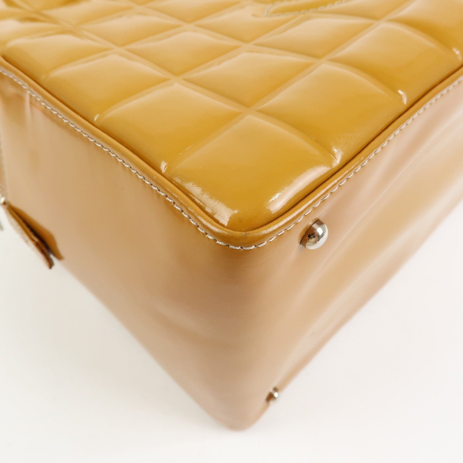 CHANEL Chocolate Bar COCO Mark Patent Leather Boston Bag Hand Bag Camel