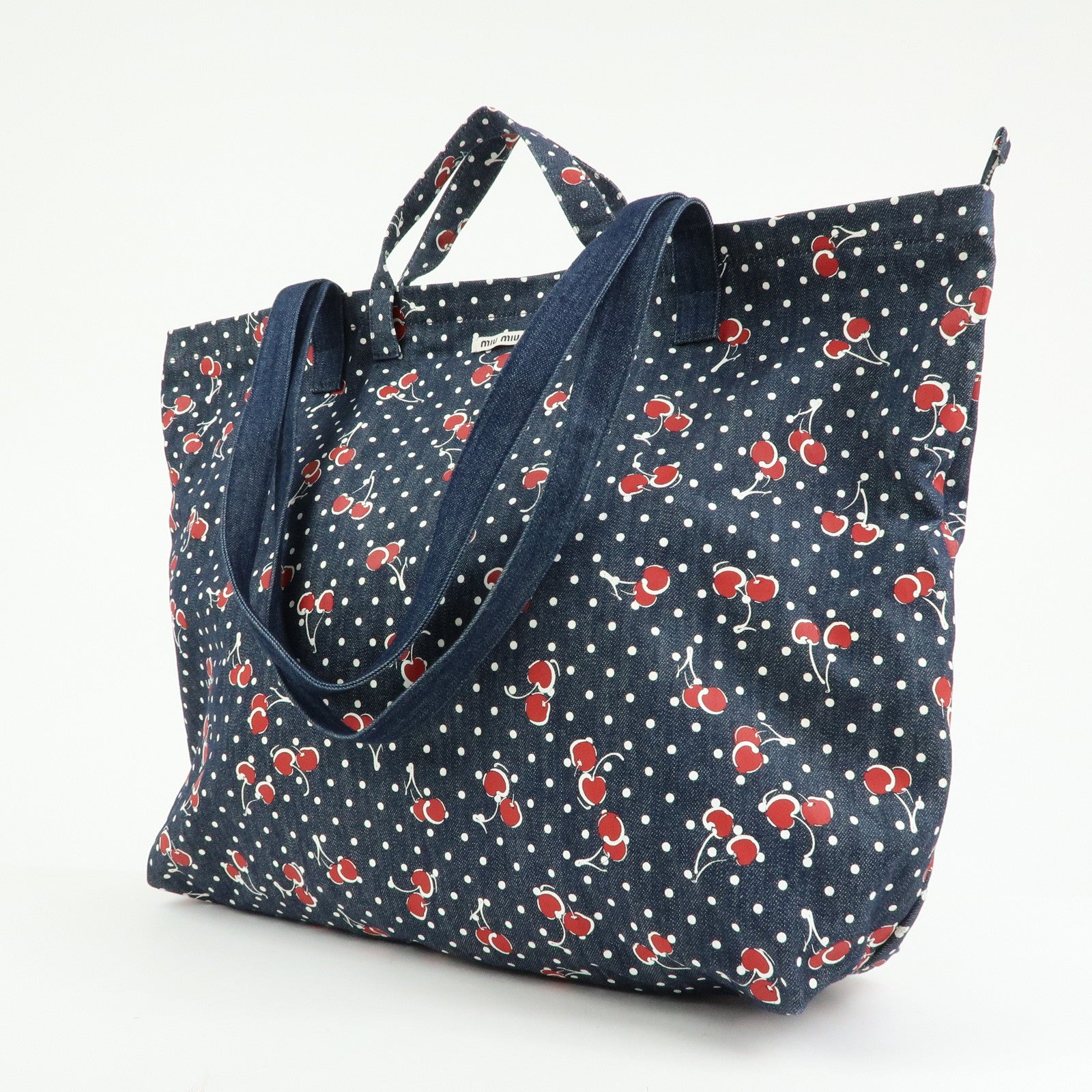 MIU MIU Denim 2Way Bag Tote Shoulder Bag Dots Cherry Print Blue 5BG108