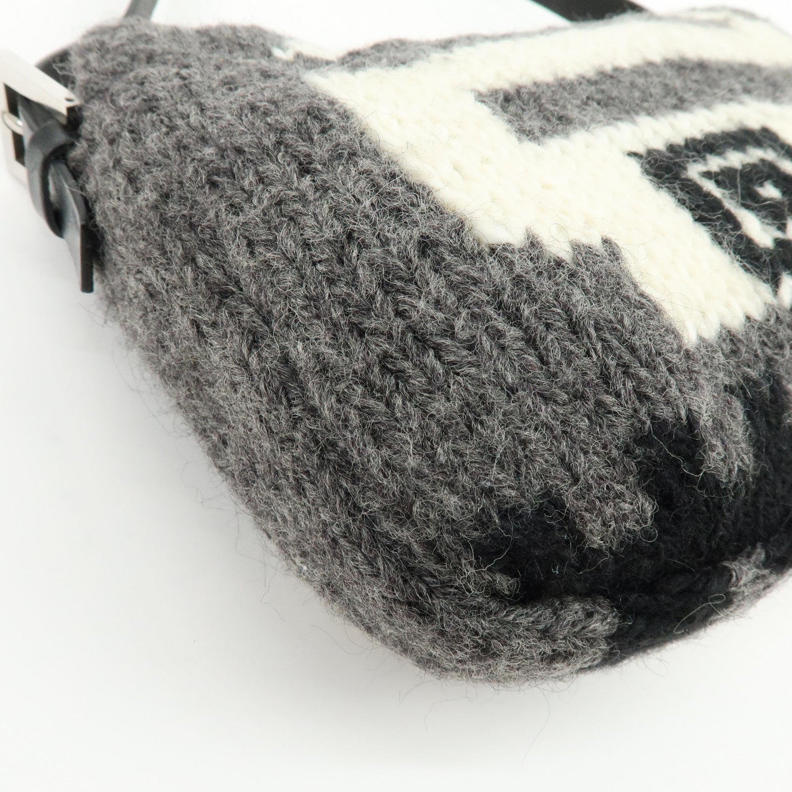FENDI Mamma Baquette Wool Leather Shoulder Bag Black Grey White 16059