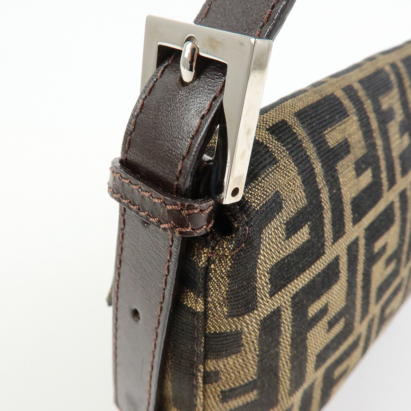 FENDI Mamma Baguette Zucca Canvas Leather Shoulder Bag Brown 26424