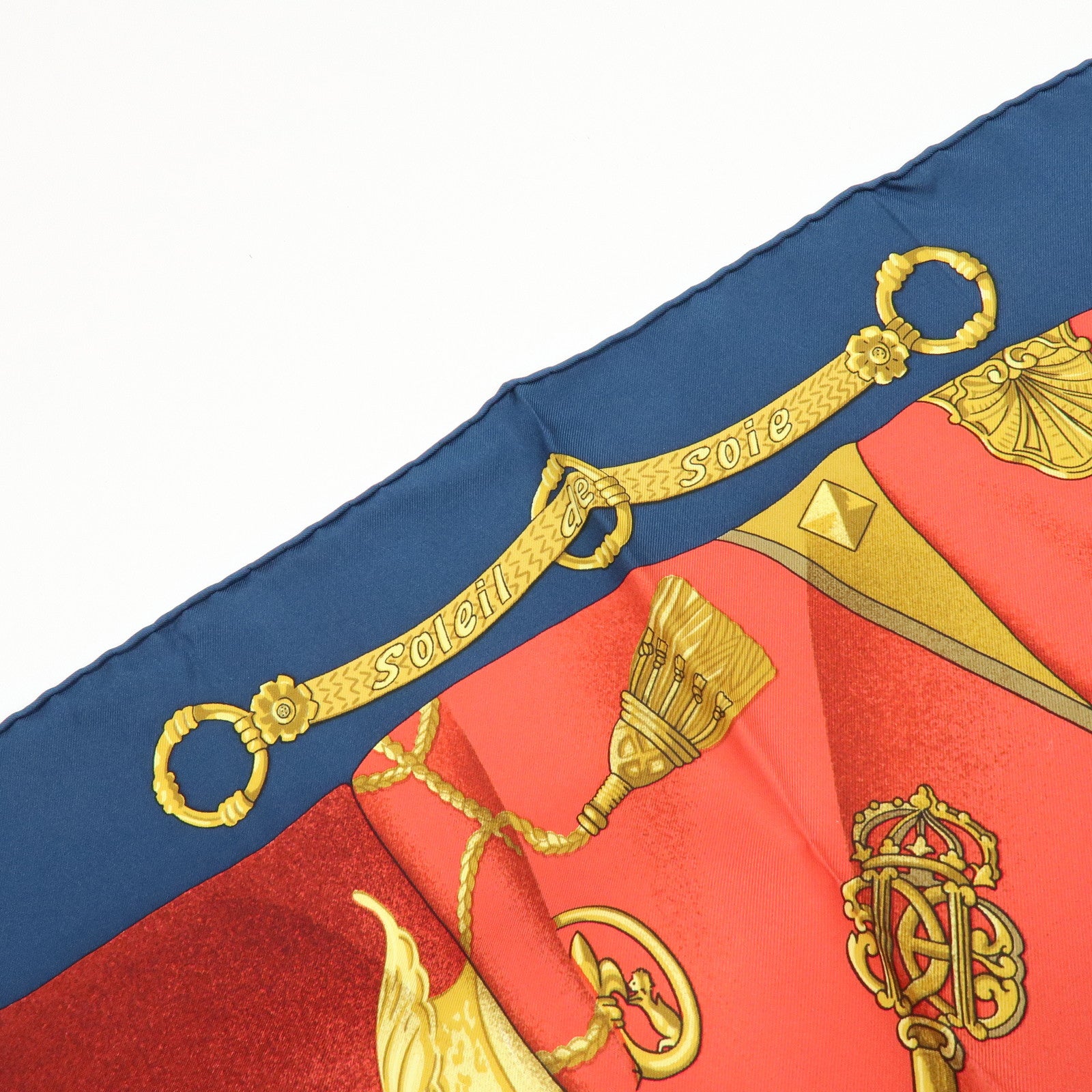HERMES Carre 90 Silk 100% Scarf Soleil de Soie  Red Navy Gold