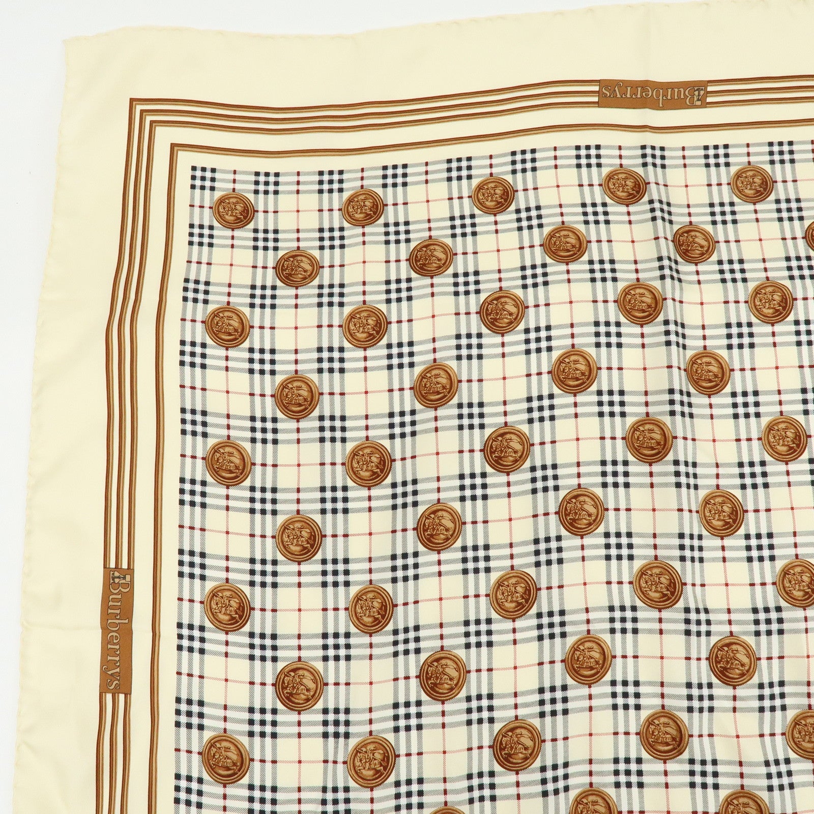 BURBERRY Nova Plaid Silk 100% Scarf Coin Motif Beige Brown
