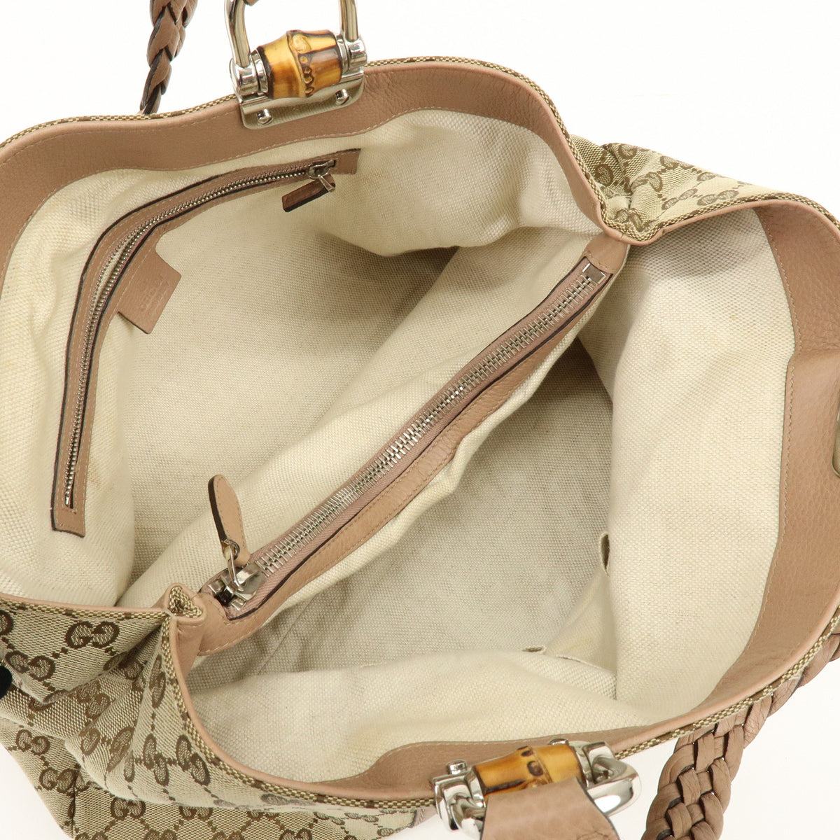 GUCCI Bamboo GG Canvas Leather Tote Bag Beige Brown Pink 232947
