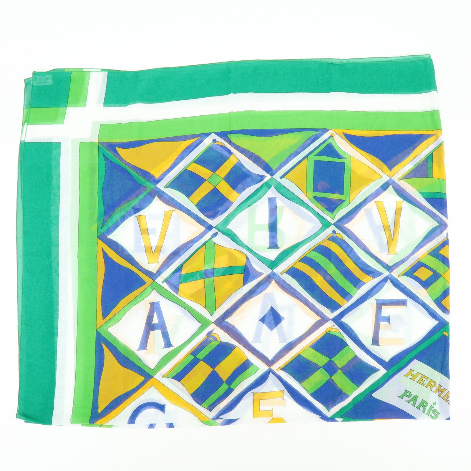 HERMES Vive La France Cotton 100％ Scarf Pareo Green Blue Yellow