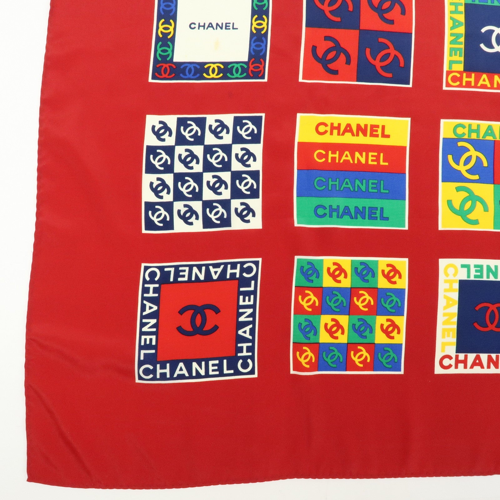 CHANEL COCO Mark Logo Silk 100% Scarf Red Multicolor