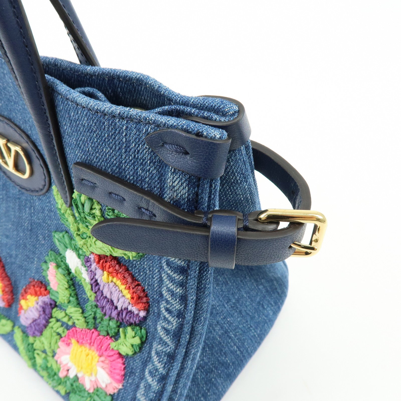 VALENTINO Denim Leather 2Way Hand Shoulder Bag Flower Embroidered