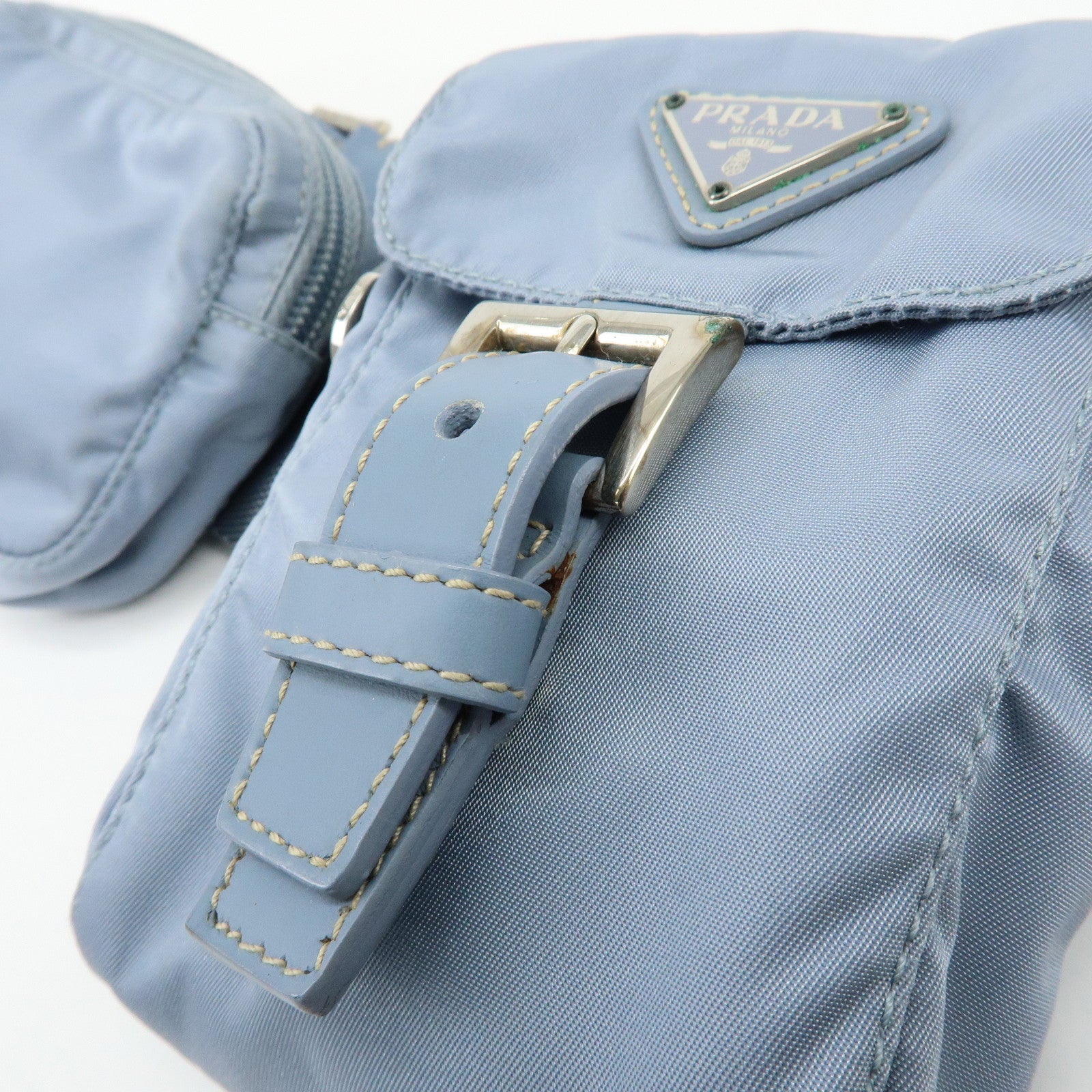 PRADA Triangle Logo Nylon Leather Waist Bag Body Bag Light Blue