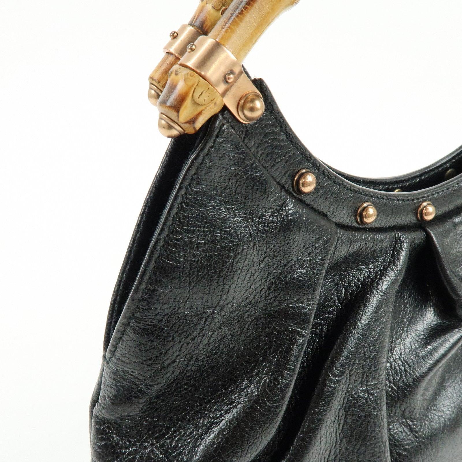 GUCCI Bamboo Leather Studs Hand Bag Tote Bag Black