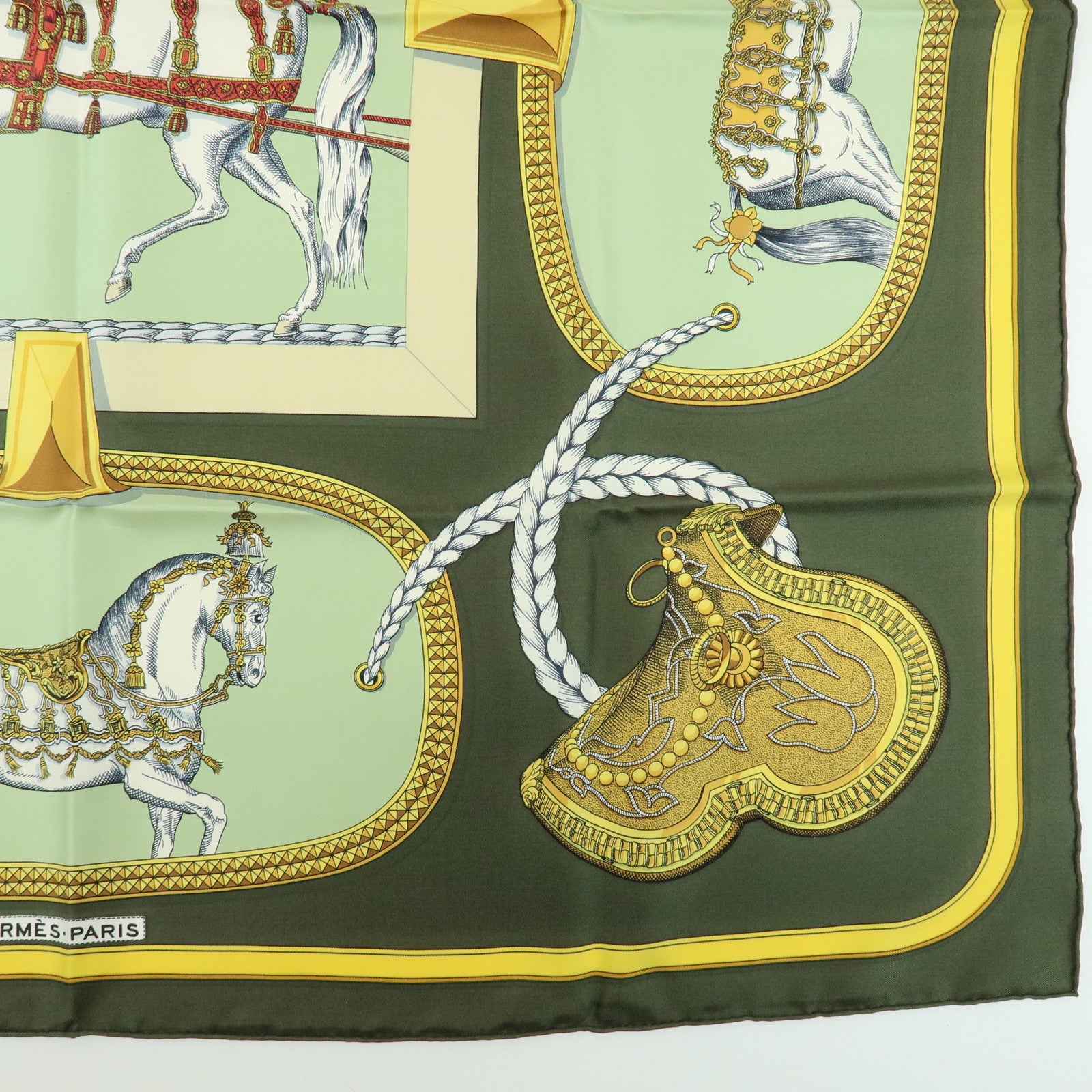 HERMES Carre 90 Silk 100% Scarf GRAND APPARAT Khaki Gold Green